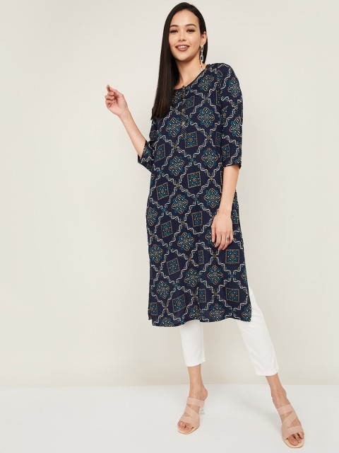 

Melange by Lifestyle Women Navy Blue & White Ethnic Motifs Printed Kurta