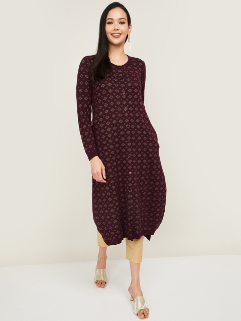 

Melange by Lifestyle Women Burgundy & Beige Geometric Acrylic Kurta
