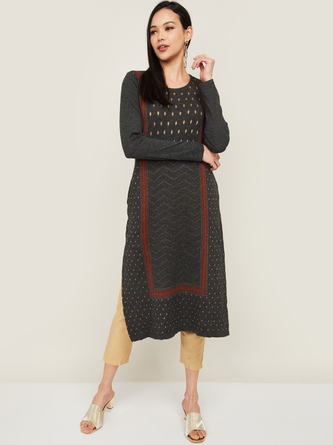 

Melange by Lifestyle Women Charcoal & Red Geometric Acrylic Straight Kurta