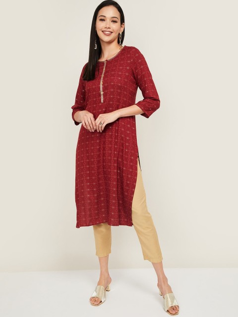 

Melange by Lifestyle Women Maroon & White Geometric Printed Thread Work Kurta