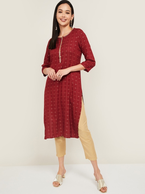 

Melange by Lifestyle Women Maroon & White Ethnic Motifs Printed Straight Kurta