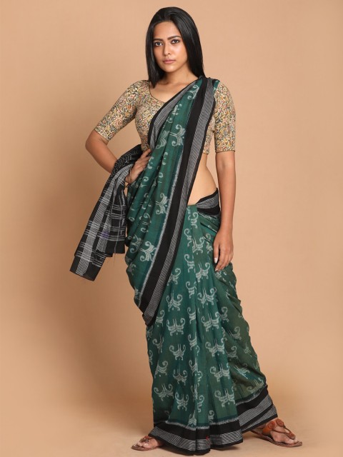 

Indethnic Green & Grey Floral Printed Pure Cotton Sambalpuri Saree