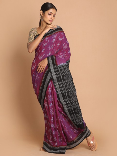 

Indethnic Purple & Black Printed Pure Cotton Sambalpuri Saree