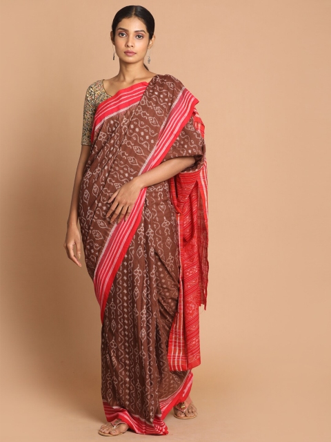 

Indethnic Coffee Brown & Red Floral Pure Cotton Sambalpuri Saree