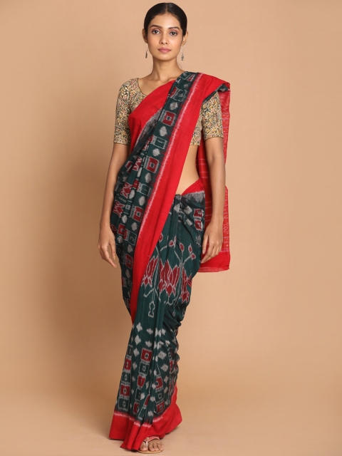 

Indethnic Green & Red Floral Printed Pure Cotton Sambalpuri Saree