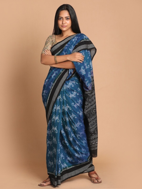 

Indethnic Blue & Black Floral Pure Cotton Sambalpuri Saree