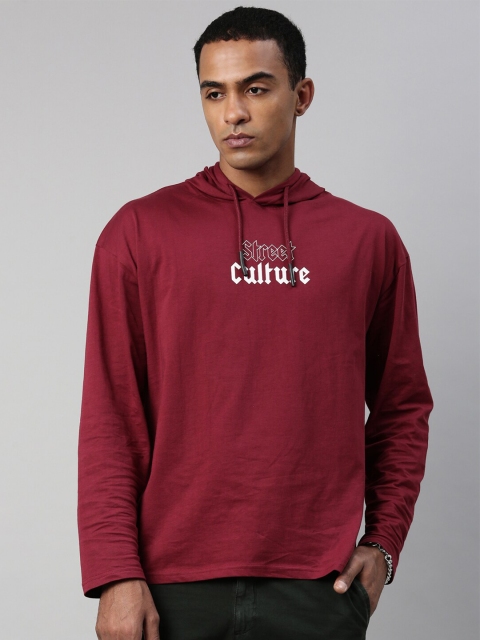

Breakbounce Men Maroon Typography Printed Hooded T-shirt
