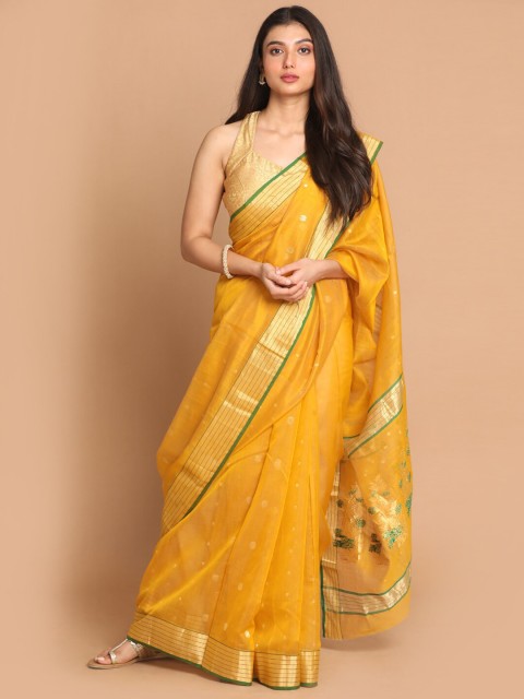 

Indethnic Mustard & Green Ethnic Motifs Zari Silk Cotton Chanderi Saree