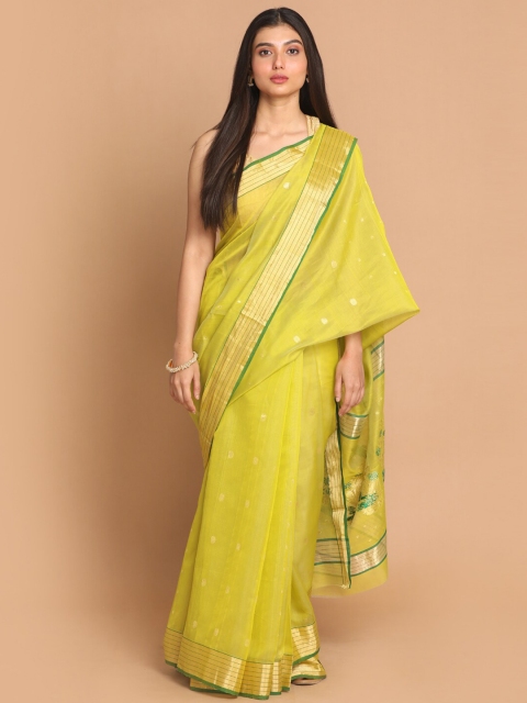 

Indethnic Lime Green & Gold-Toned Ethnic Motifs Zari Silk Cotton Chanderi Saree