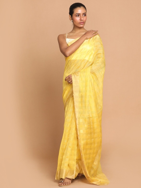 

Indethnic Yellow Checked Silk Cotton Saree
