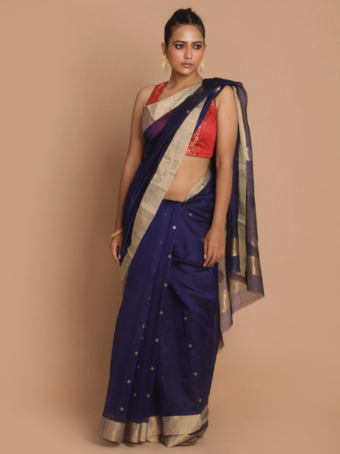 

Indethnic Navy Blue & Gold-Toned Ethnic Motifs Zari Silk Cotton Chanderi Saree