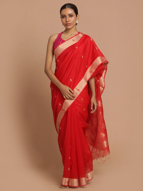 

Indethnic Red & Gold-Toned Ethnic Motifs Zari Silk Cotton Chanderi Saree