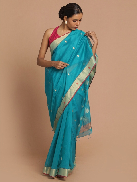 

Indethnic Green & Gold-Toned Ethnic Motifs Zari Silk Cotton Chanderi Saree
