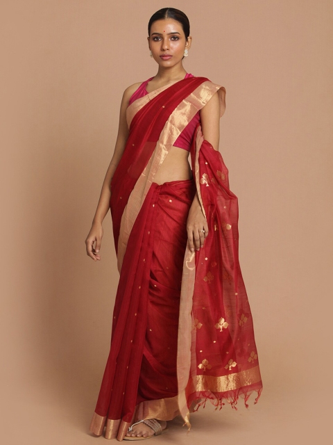 

Indethnic Red & Gold-Toned Woven Design Zari Silk Cotton Chanderi Saree