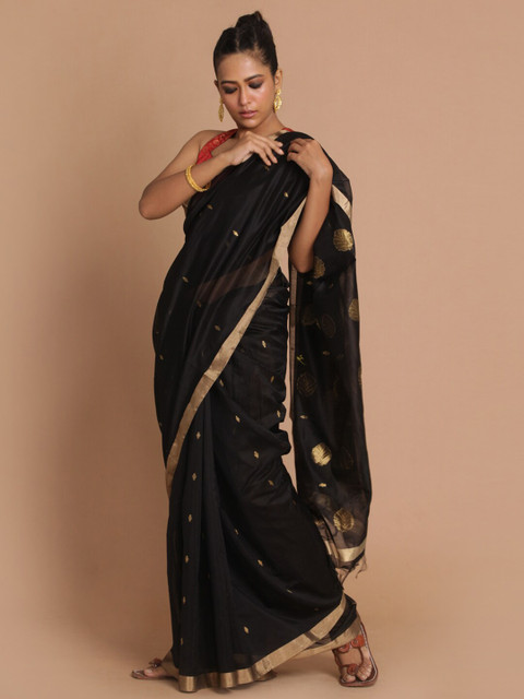 

Indethnic Black & Gold-Toned Woven Design Zari Silk Cotton Chanderi Saree