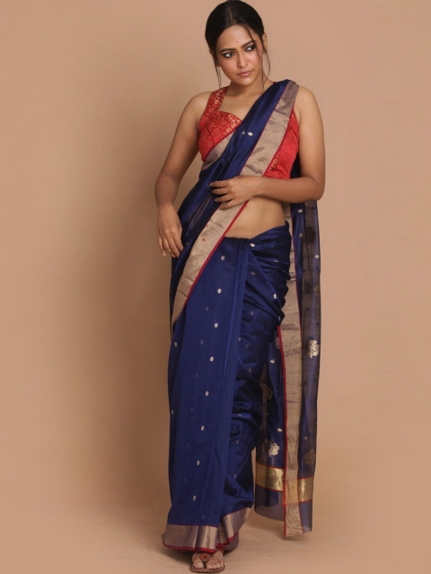 

Indethnic Navy Blue & Red Ethnic Motifs Zari Silk Cotton Chanderi Saree