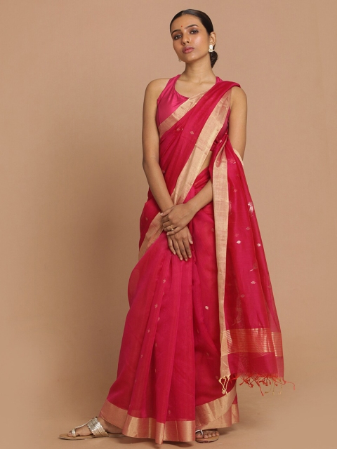 

Indethnic Magenta & Gold-Toned Ethnic Motifs Zari Silk Cotton Chanderi Saree