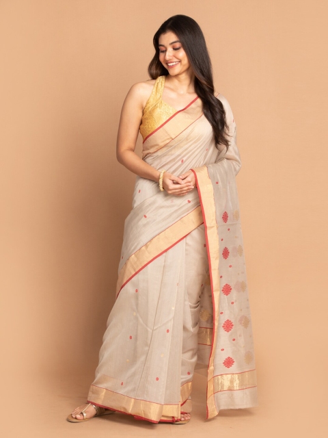 

Indethnic Grey & Gold-Toned Ethnic Motifs Zari Silk Cotton Chanderi Saree