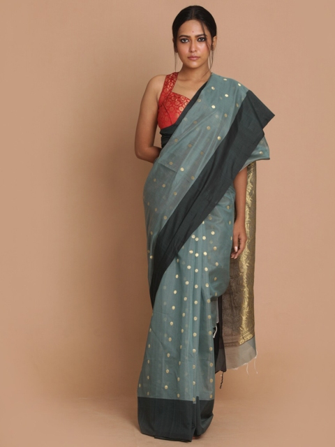 

Indethnic Teal & Charcoal Zari Silk Cotton Chanderi Saree