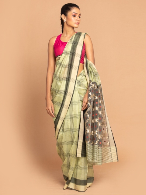 

Indethnic Green & Gold-Toned Checked Zari Silk Cotton Chanderi Saree