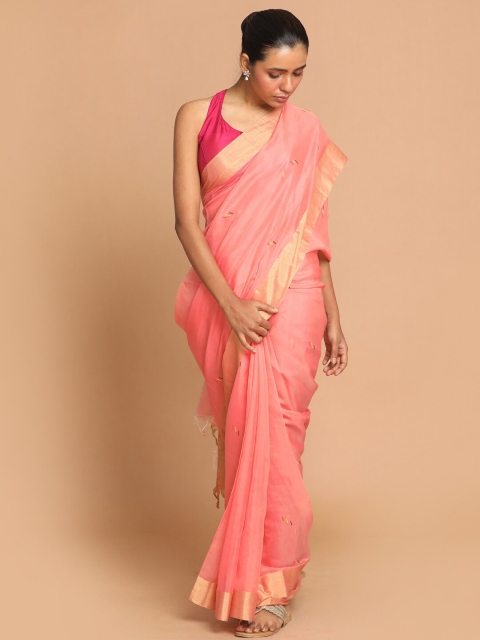 

Indethnic Coral & Gold Woven Design Zari Silk Cotton Chanderi Saree