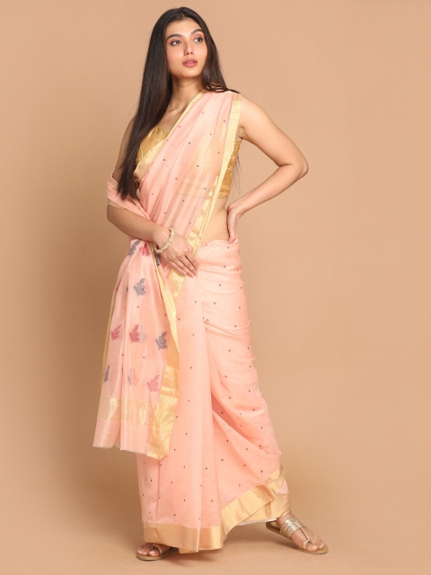 

Indethnic Peach-Coloured & Blue Zari Silk Cotton Chanderi Saree