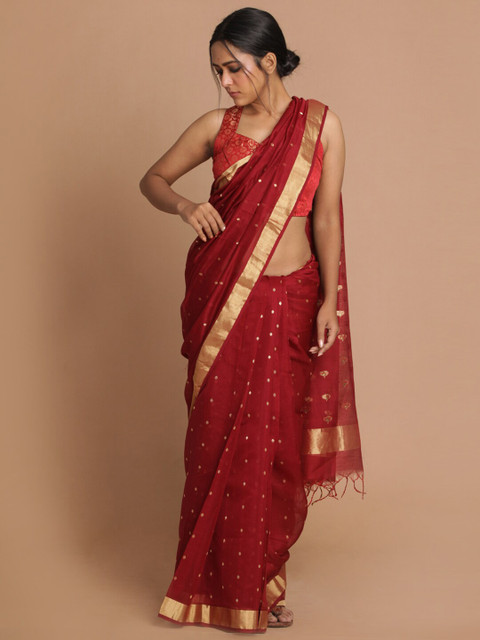 

Indethnic Maroon & Gold-Coloured Ethnic Motifs Zari Silk Cotton Chanderi Saree