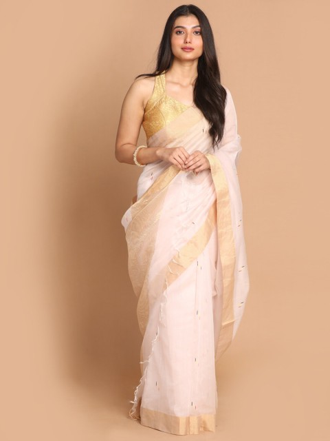 

Indethnic Pink & Gold-Toned Zari Silk Cotton Chanderi Saree