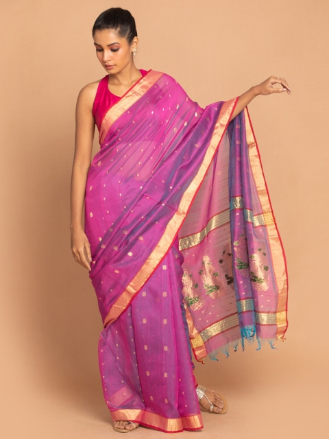 

Indethnic Purple & Gold-Toned Ethnic Motifs Zari Silk Cotton Chanderi Saree