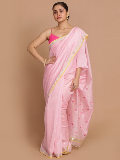 

Indethnic Pink & Gold-Toned Woven Design Zari Silk Cotton Chanderi Saree