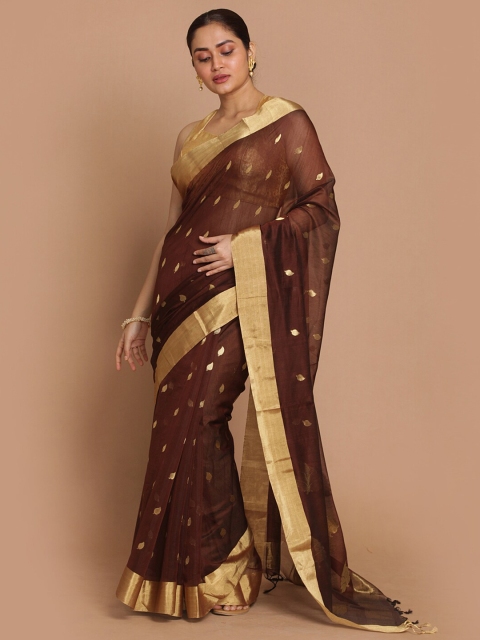 

Indethnic Brown & Gold-Toned Ethnic Motifs Zari Silk Cotton Chanderi Saree