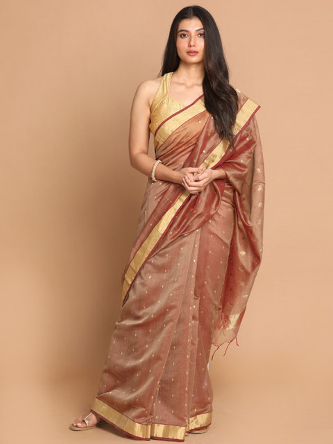 

Indethnic Brown & Gold-Coloured Ethnic Motifs Zari Silk Cotton Chanderi Saree