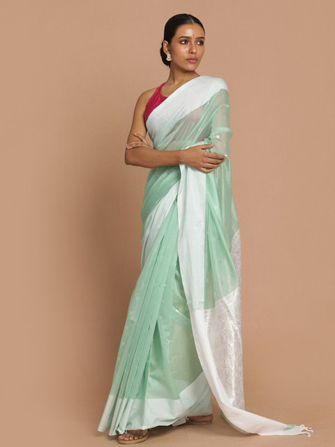 

Indethnic Green & Silver-Toned Zari Silk Cotton Chanderi Saree