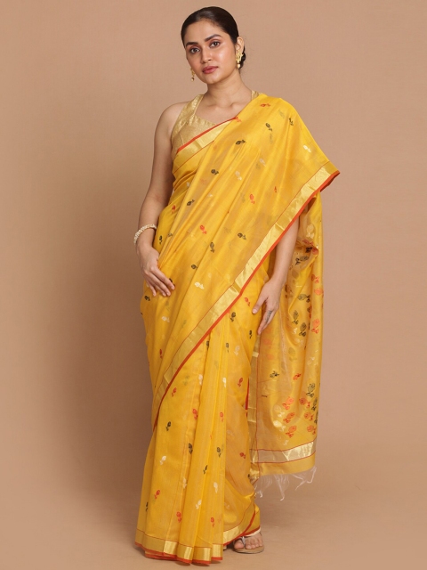 

Indethnic Yellow & Red Floral Zari Silk Cotton Chanderi Saree