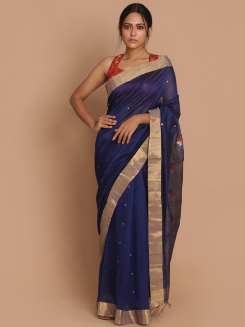 

Indethnic Navy Blue & Gold-Toned Woven Design Zari Silk Cotton Chanderi Saree