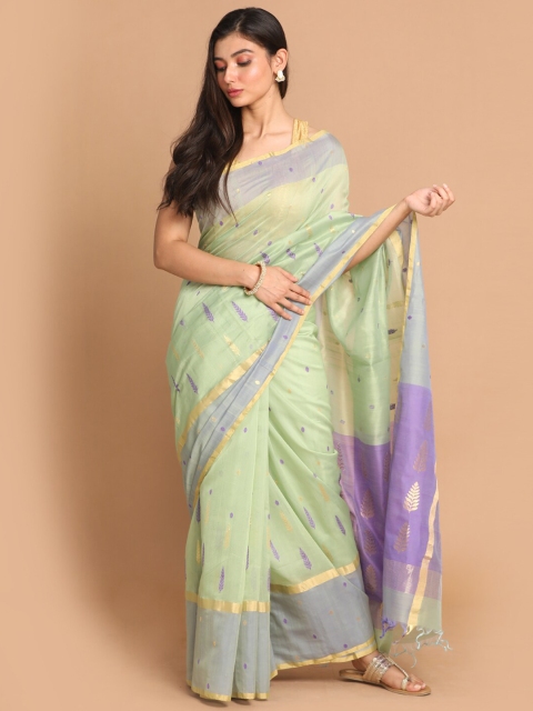 

Indethnic Lime Green & Purple Ethnic Motifs Zari Silk Cotton Chanderi Saree