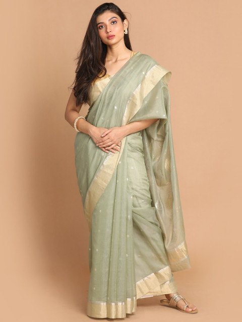 

Indethnic Olive & Gold-Toned Woven Design Silk Cotton Saree