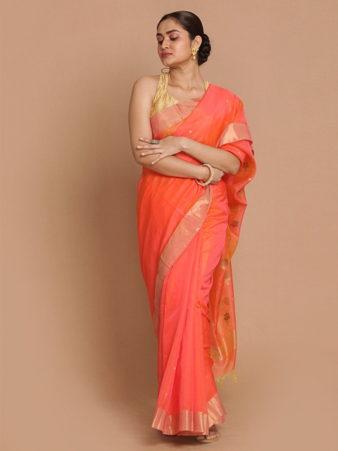 

Indethnic Peach-Coloured & Green Woven Design Zari Silk Cotton Chanderi Saree