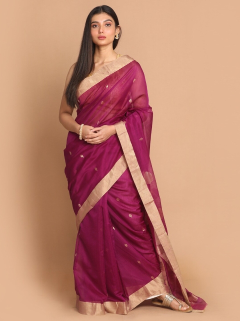 

Indethnic Purple & Gold-Toned Ethnic Motifs Zari Silk Cotton Chanderi Saree