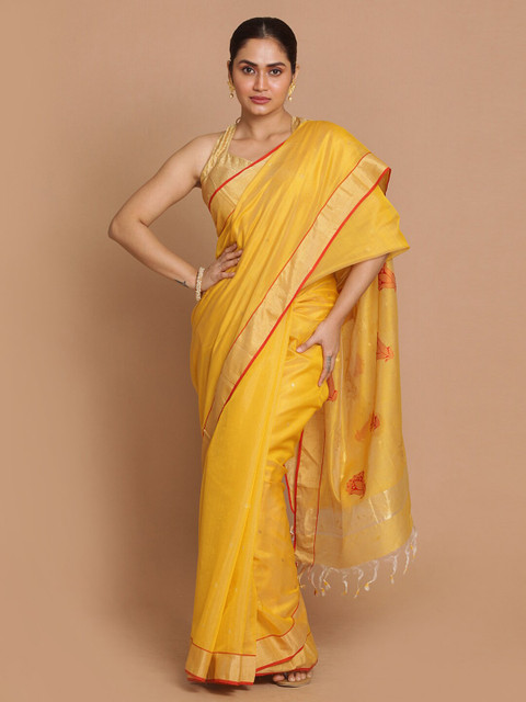 

Indethnic Yellow & Red Woven Design Zari Silk Cotton Chanderi Saree