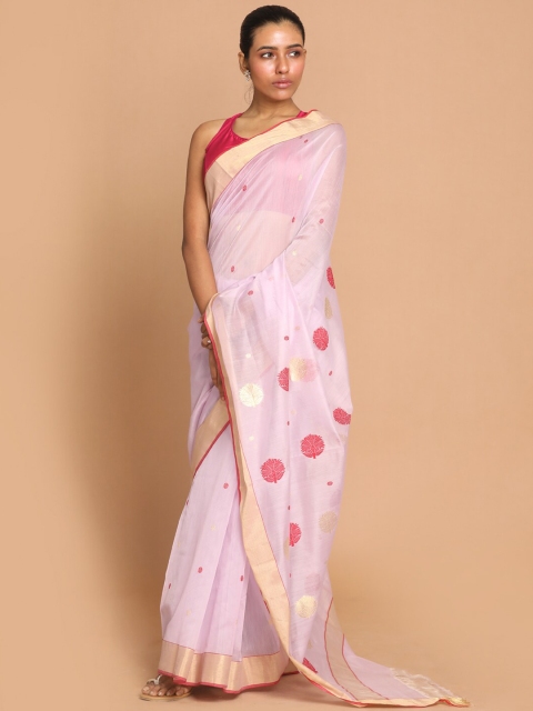 

Indethnic Purple & Red Woven Design Zari Silk Cotton Chanderi Saree