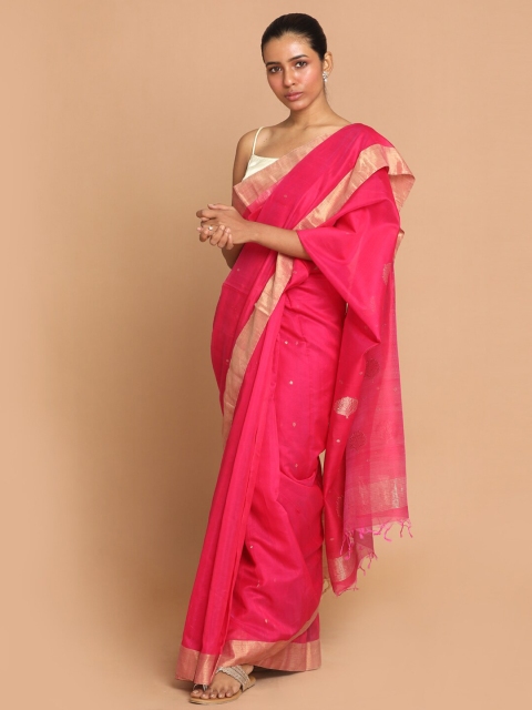 

Indethnic Magenta & Gold-Toned Ethnic Motifs Zari Silk Cotton Chanderi Saree