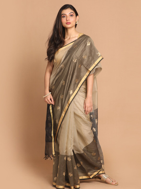 

Indethnic Olive Green & Gold Ethnic Motifs Zari Silk Cotton Chanderi Saree