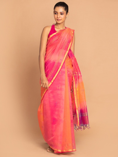 

Indethnic Magenta & Orange Woven Design Zari Silk Cotton Chanderi Saree