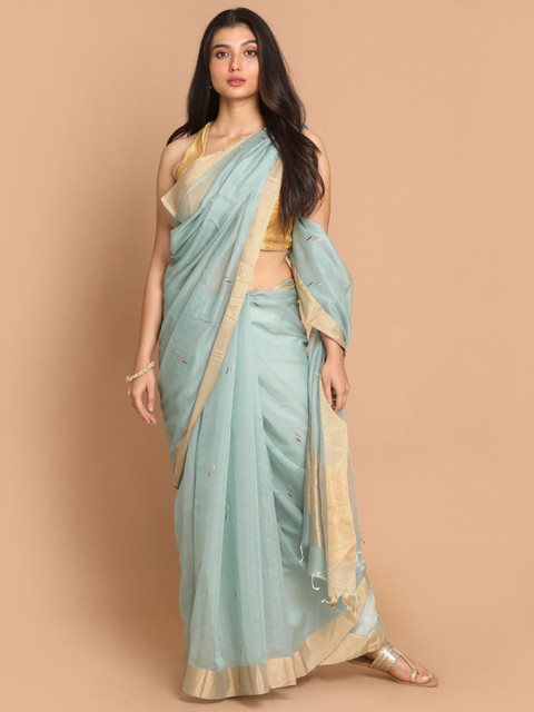 

Indethnic Sea Green & Gold-Toned Zari Silk Cotton Chanderi Saree