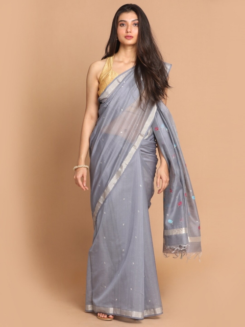 

Indethnic Grey & Blue Zari Silk Cotton Chanderi Saree