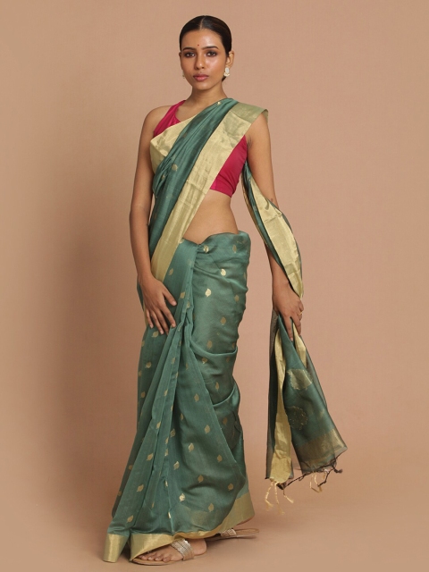 

Indethnic Green & Gold-Toned Ethnic Motifs Zari Silk Cotton Chanderi Saree