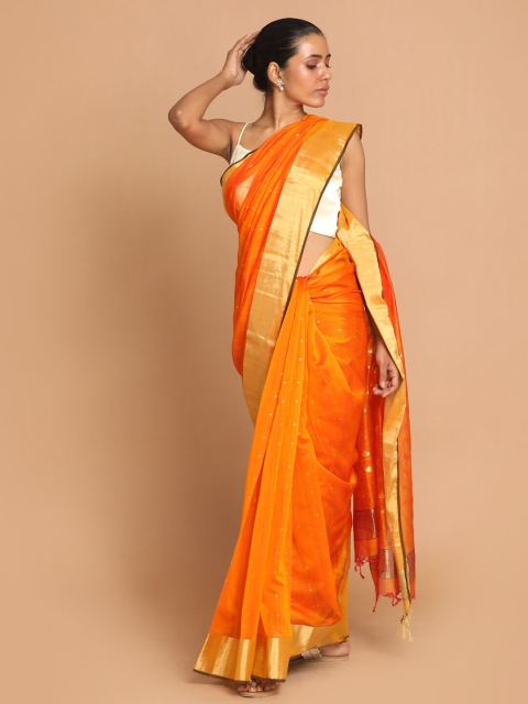 

Indethnic Orange & Gold-Toned Zari Silk Cotton Chanderi Saree