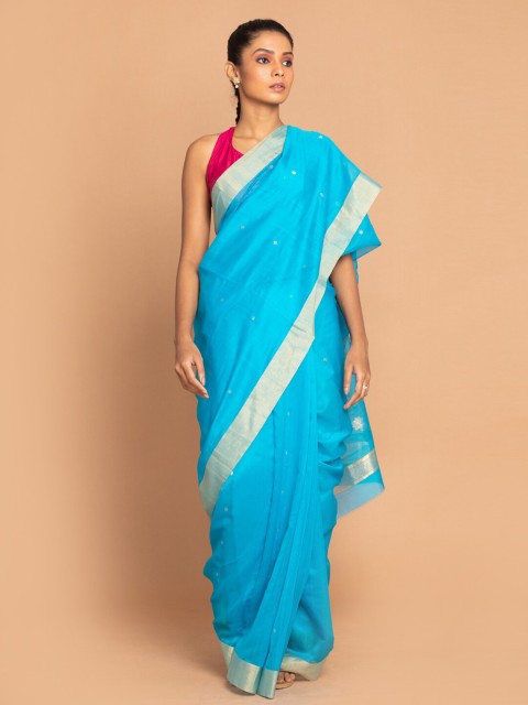 

Indethnic Blue & Gold-Coloured Zari Silk Cotton Chanderi Saree