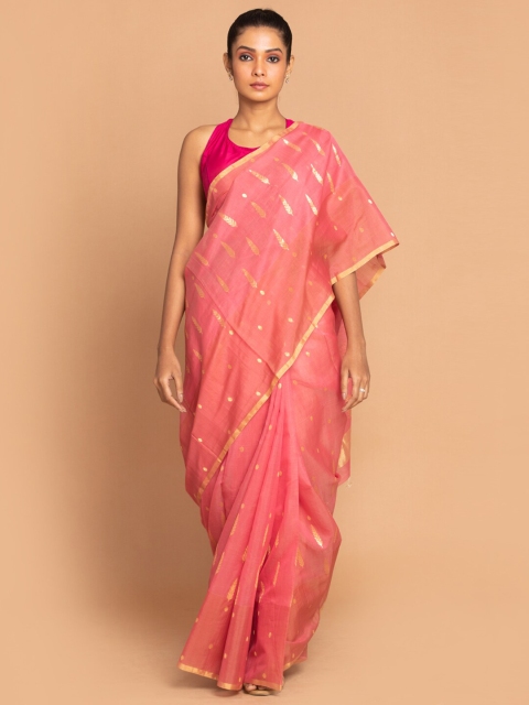 

Indethnic Pink & Gold-Toned Ethnic Motifs Zari Silk Cotton Chanderi Saree